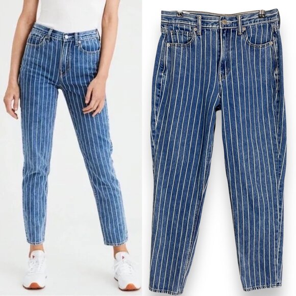 American Eagle Mom Jeans Striped Women Size 6 Tapered Ankle Leg Blue White Denim - Picture 1 of 13